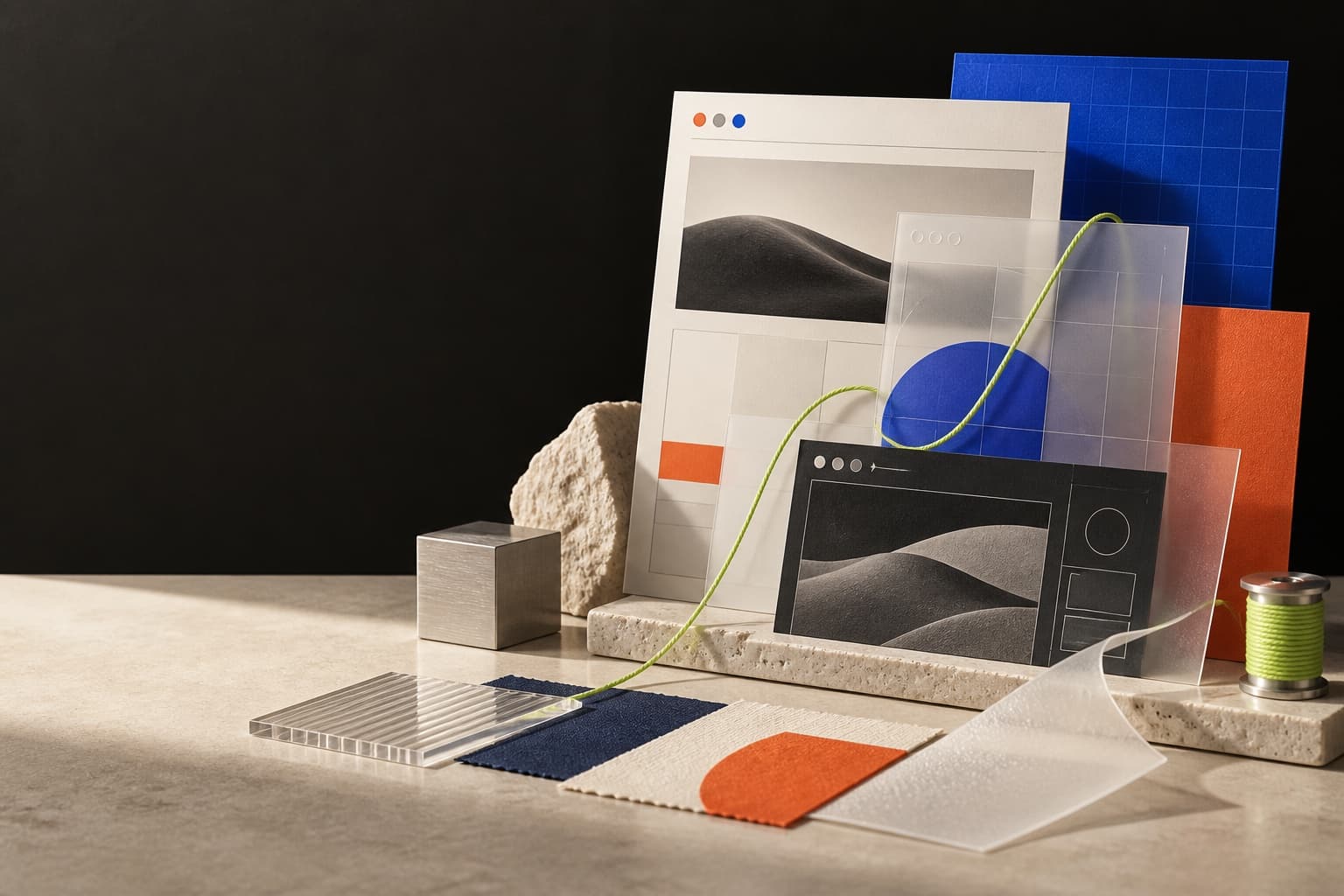 Abstract browser panels arranged with tactile design materials